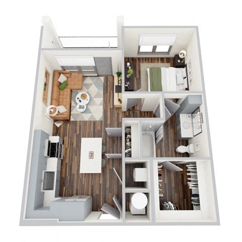 Floor plan for 1 bed, 1 bath, 671 sqft
